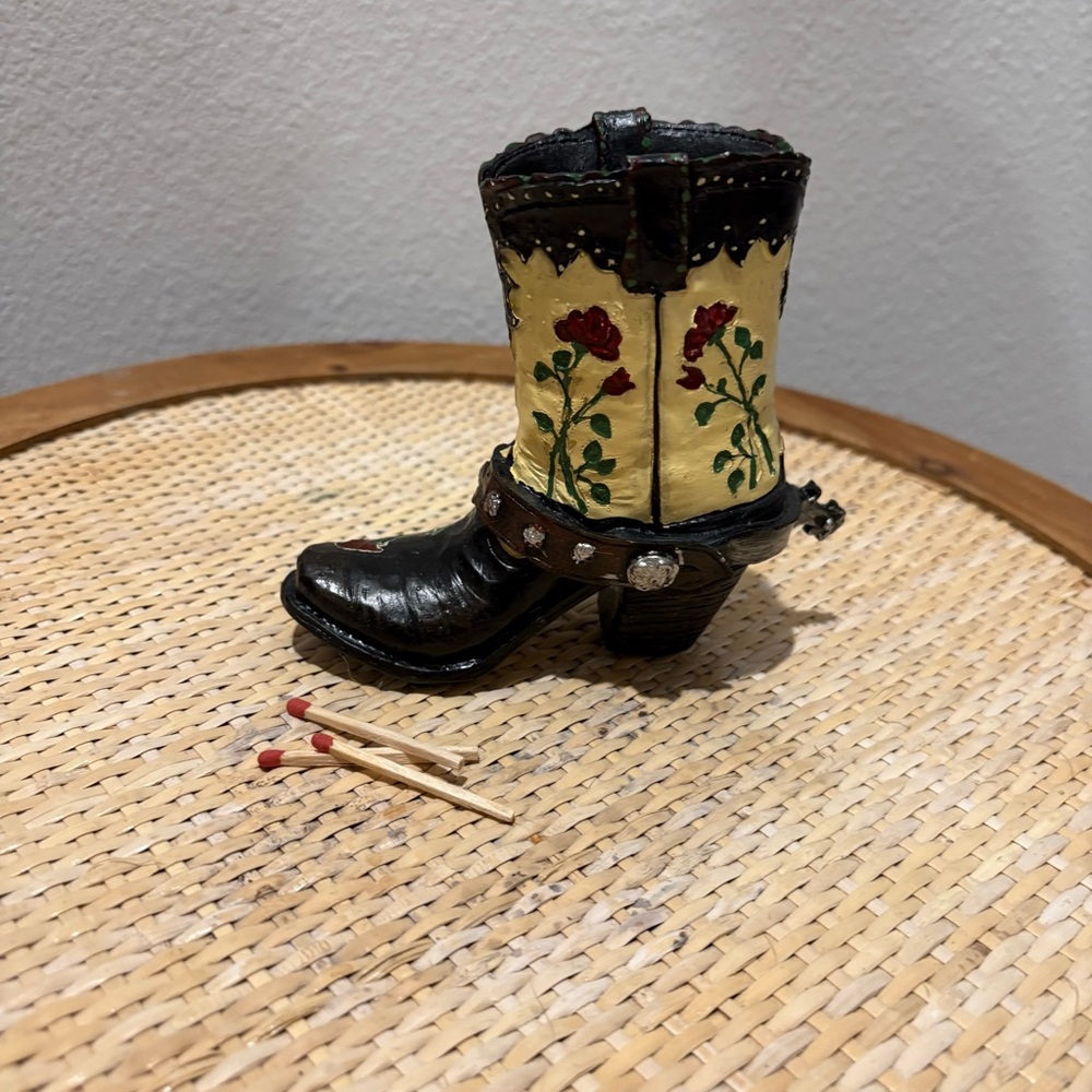 Decorative Mini Cowboy Boot Figurine - Black & Cream with Red Roses